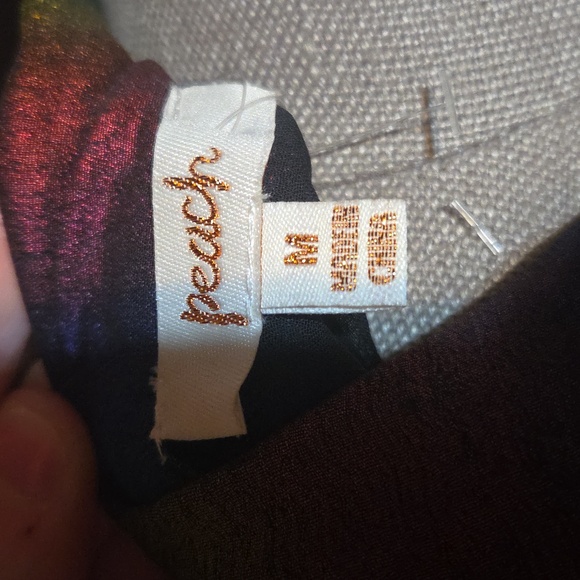 Peach Shiny Rainbow Color Button Up Shirt With Collar And Elastic Puff Sleeves - Picture 2 of 6